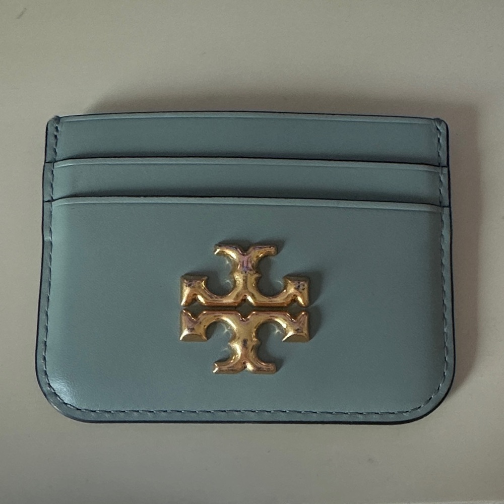 Tory Burch Teal Card Holder with Gold Emblem